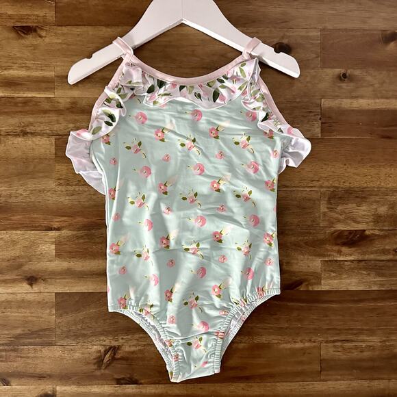 NWT SweetHoney Mary One Piece Swimsuit Santa Cruz Floral Green Pink Ruffle 4T - Picture 2 of 9